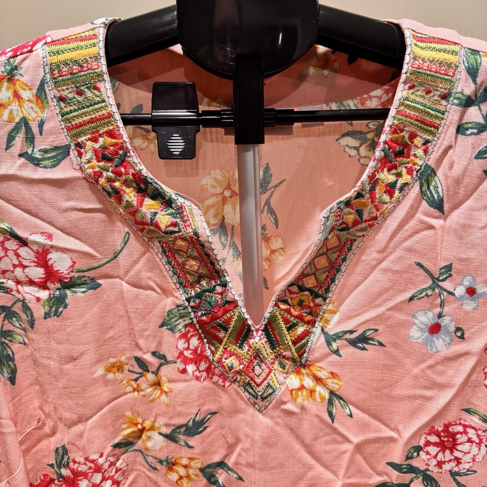 Boho Floral Pink Blouse Women's Large Embroidered Flowy Resort‎ Vacation Casual